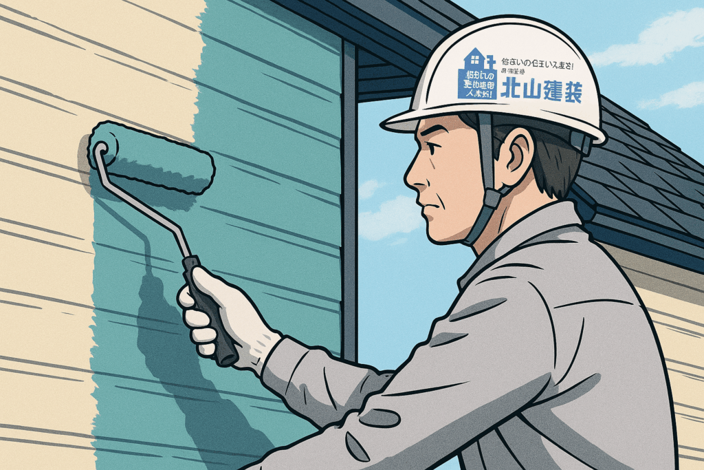 ヘルメットに北山建装のロゴが入った職人が、ローラーで外壁に青緑色の塗料を塗っている様子を描いた漫画風イラスト。背景には晴れた空と住宅の一部が描かれ、真剣な表情の職人が作業に集中している。