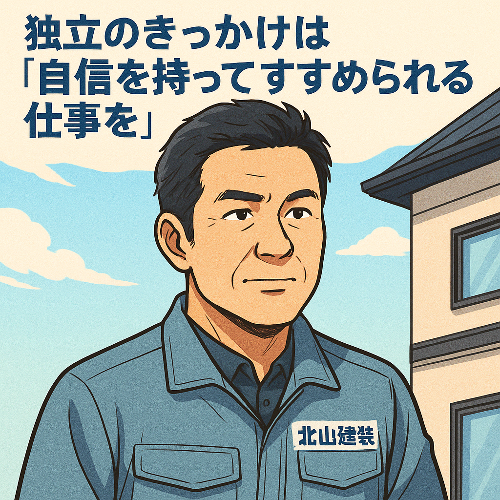 作業着に『北山建装』のロゴが入った中年男性が、晴天の下で真っすぐ前を見つめる姿を描いた漫画風イラスト。背景には住宅の外観と青空が広がり、『独立のきっかけは「自信を持ってすすめられる仕事を」』というキャッチコピーが配置されている。