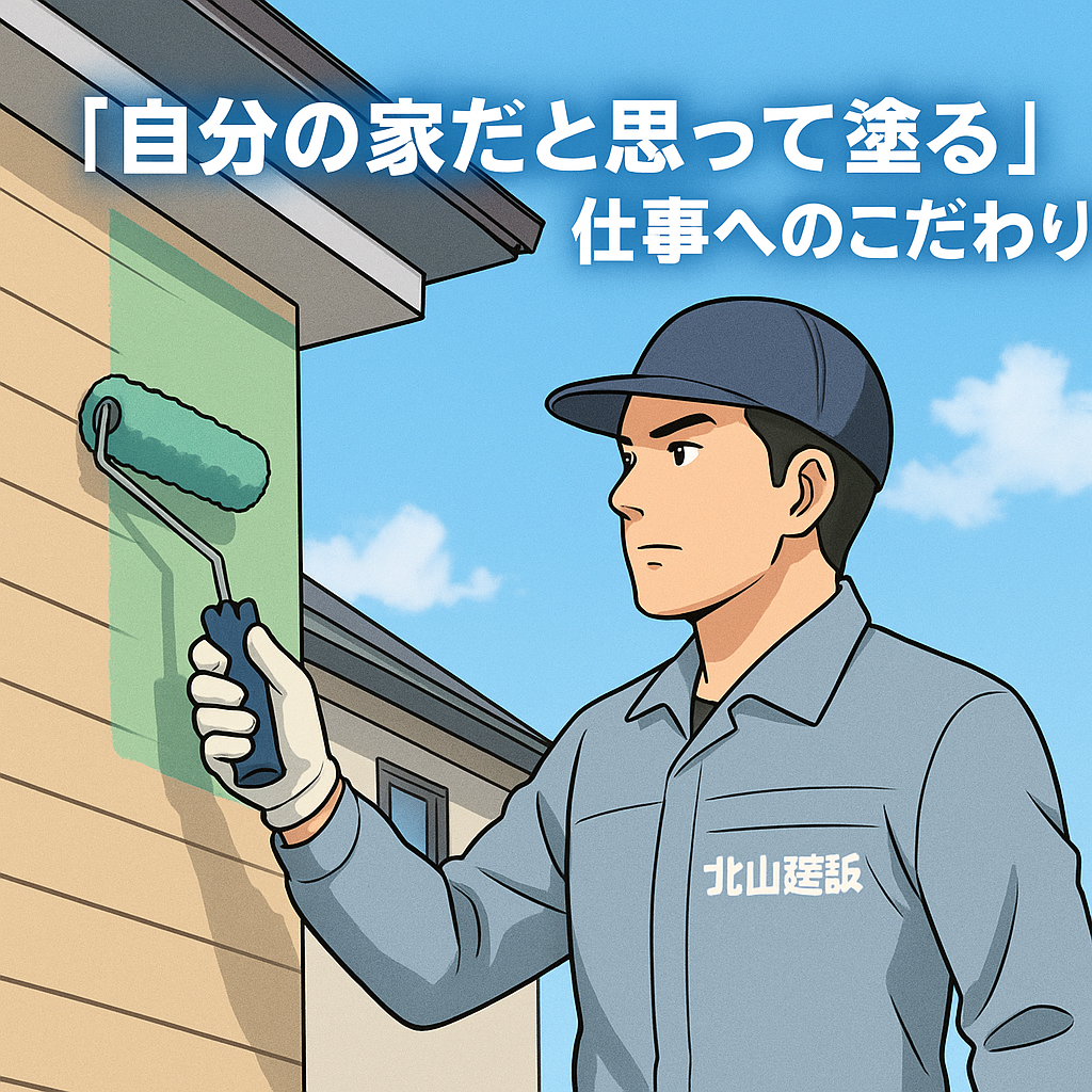「『北山建装』と書かれた作業着を着た職人が、住宅の外壁に緑色の塗料を丁寧に塗っている漫画風のイラスト。青空の下、真剣な表情で作業する姿が描かれ、上部には『「自分の家だと思って塗る」仕事へのこだわり』という文字が配置されている。