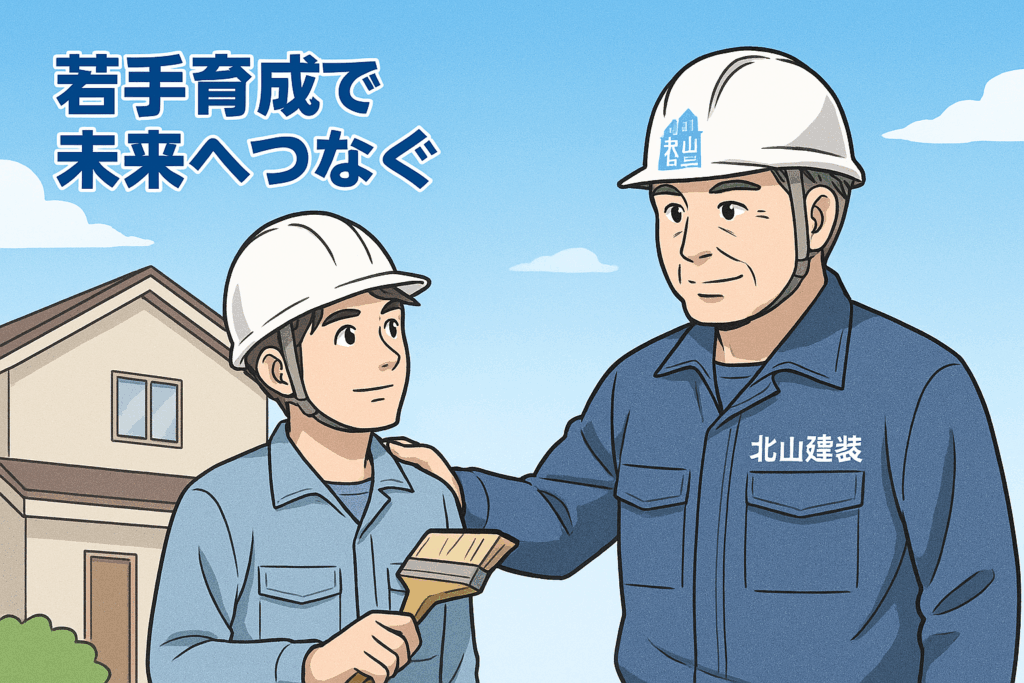 ベテラン職人が若手に手を添えて指導している様子を描いた漫画風イラスト。2人ともヘルメットと作業着を着用し、ベテランのヘルメットと制服には『北山建装』のロゴが描かれている。背景には住宅と青空が広がり、『若手育成で未来へつなぐ』という言葉が配置されている。